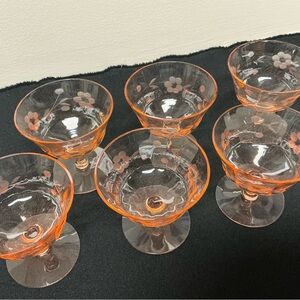 Six Vintage Floral Etched Parfait Glasses